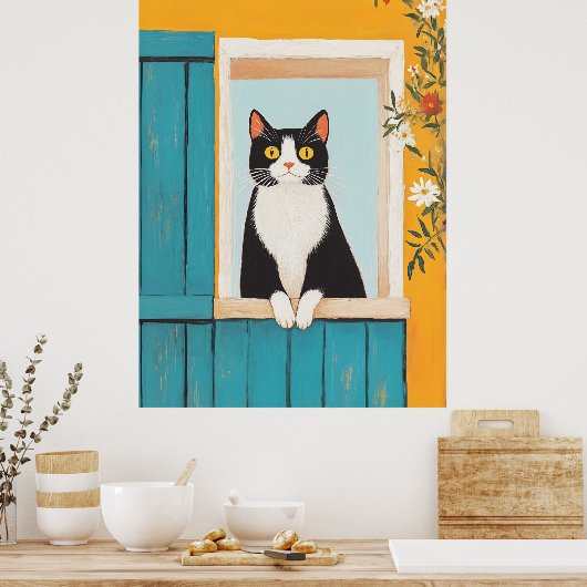 魅力的ウィンドウ内の猫 ポスター (キッチン)
