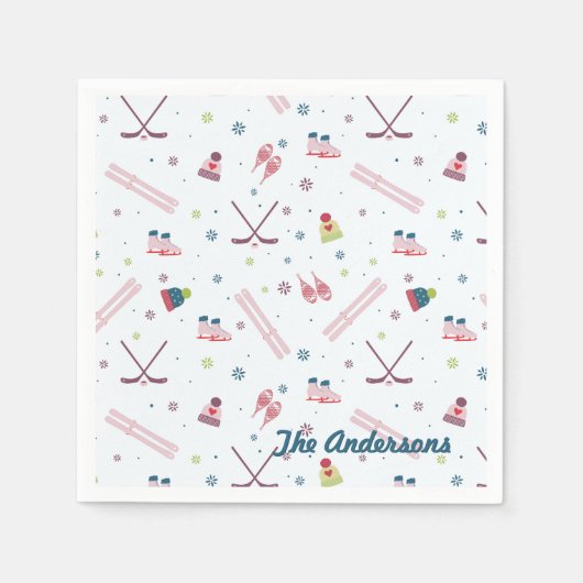 魅力的カスタム冬スポーツピンクブルー スタンダードカクテルナプキン (正面)