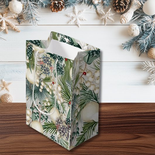 魅力的クリスマスアイボリー&ブルーエレガント ミディアムペーパーバッグ