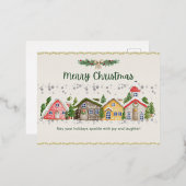 魅力的クリスマスカード:居心地の良い家と雪の降り注ぎ 箔シーズンポストカード (正面/裏面)