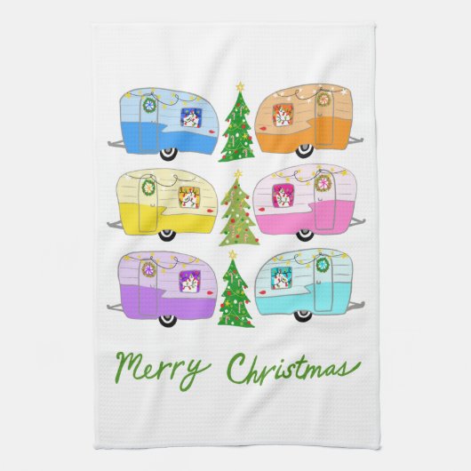 魅力的クリスマスキャンパーヴィンテージトレーラーRVクリスマス キッチンタオル (縦)
