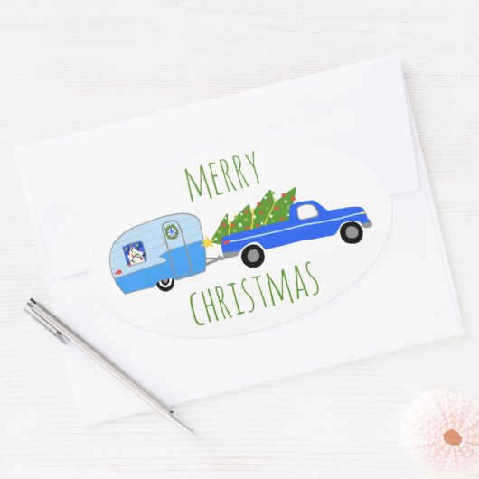 魅力的クリスマスキャンパーヴィンテージトレーラーRVクリスマス 楕円形シール (封筒)