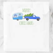 魅力的クリスマスキャンパーヴィンテージトレーラーRVクリスマス 楕円形シール (バッグ)