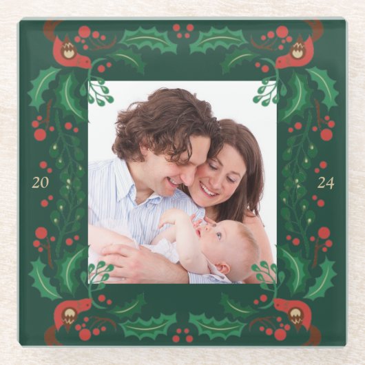 魅力的クリスマスフローラフレームコースター ガラスコースター (正面)