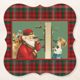 魅力的サンタ・オン・プレイドと電話中の少女 ペーパーコースター