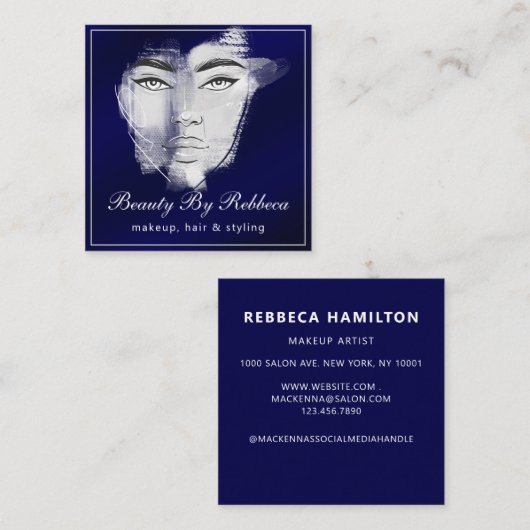 魅力的シンプルレトロメイクアップアーティストブルー スクエア名刺 (正面/裏面)