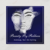 魅力的シンプルレトロメイクアップアーティストブルー スクエア名刺 (正面)