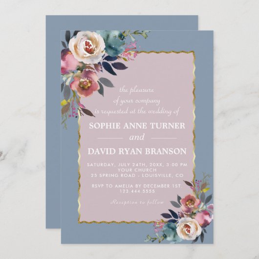 魅力的ダスティブルーミスティバラフローラ結婚金ゴールド 招待状 (正面/裏面)