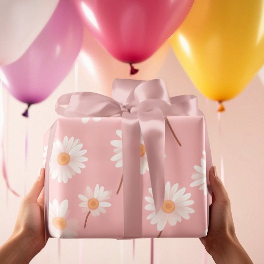 魅力的デイジーキッズルームパターン |ソフトピンク ラッピングペーパー