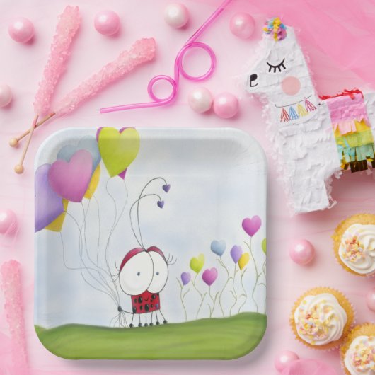 魅力的ハートバルーン付きカラフルラディバグ ペーパープレート (パーティー)