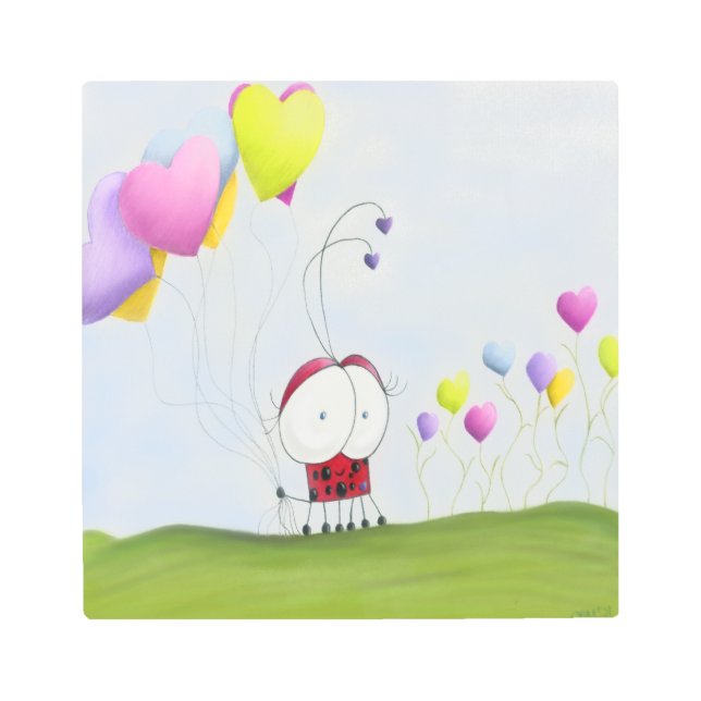 魅力的ハートバルーン付きカラフルラディバグ メタルプリント (正面)