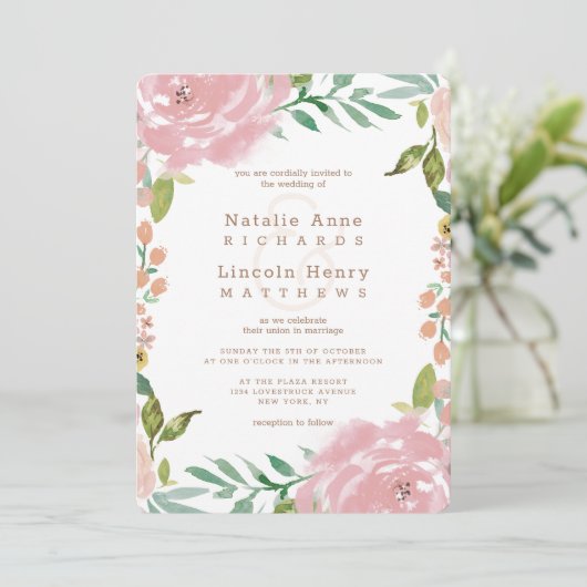 魅力的バラヴィンテージほこりっぽいピンク結婚フローラ 招待状 (スタンド正面)