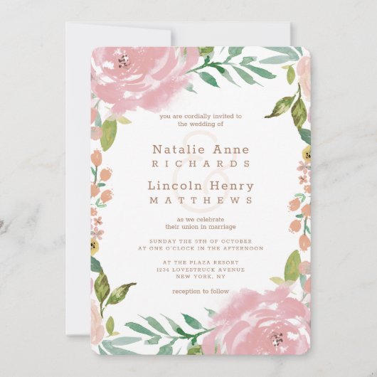 魅力的バラヴィンテージほこりっぽいピンク結婚フローラ 招待状 (正面)