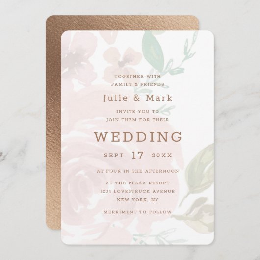 魅力的バラヴィンテージソフトピンク結婚フローラ 招待状 (正面/裏面)