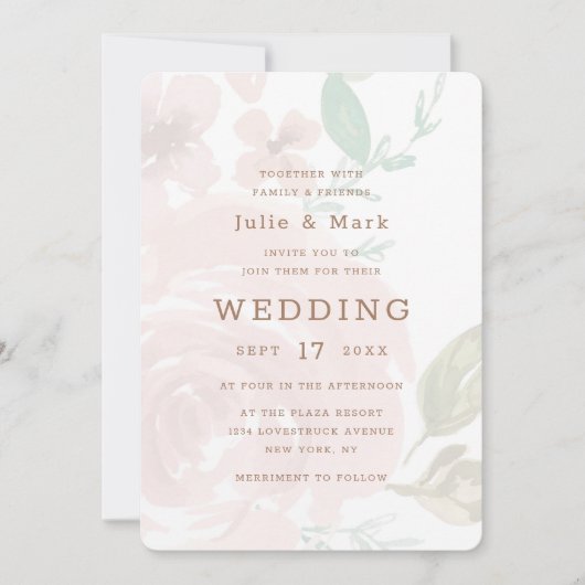 魅力的バラヴィンテージソフトピンク結婚フローラ 招待状 (正面)