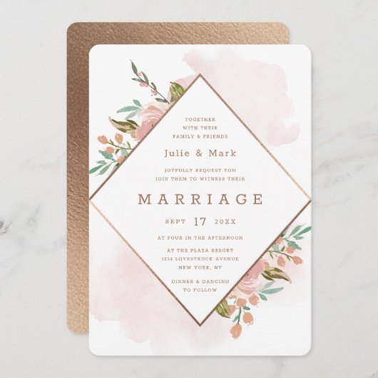 魅力的バラヴィンテージフローラダイヤモンドフレ結婚ーム 招待状 (正面/裏面)