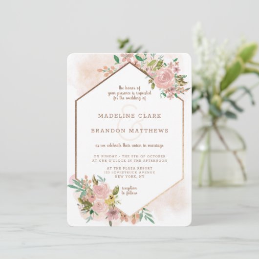 魅力的バラヴィンテージフローラ六角結婚フレーム 招待状 (スタンド正面)