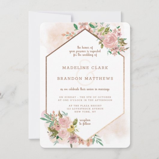 魅力的バラヴィンテージフローラ六角結婚フレーム 招待状 (正面)