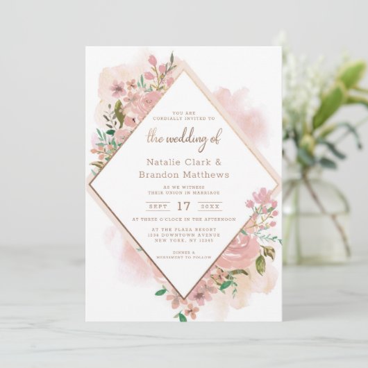 魅力的バラヴィンテージ水色ダイアモンド結婚ズ 招待状 (スタンド正面)