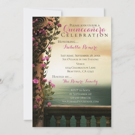 魅力的バルコニー付きピンクローゼスビーチキンセアニラ 招待状 (正面)