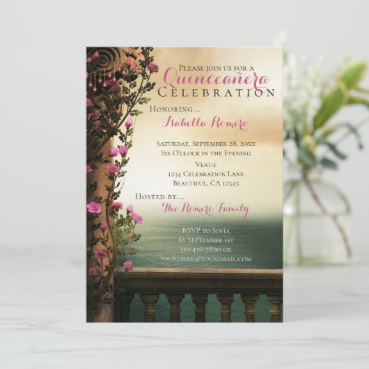 魅力的バルコニー付きピンクローゼスビーチキンセアニラ 招待状 (スタンド正面)