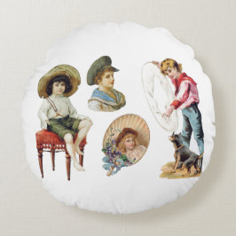 魅力的ビクトリアン子・犬コラージュ ラウンドクッション