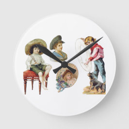 魅力的ビクトリアン子・犬コラージュ ラウンド壁時計