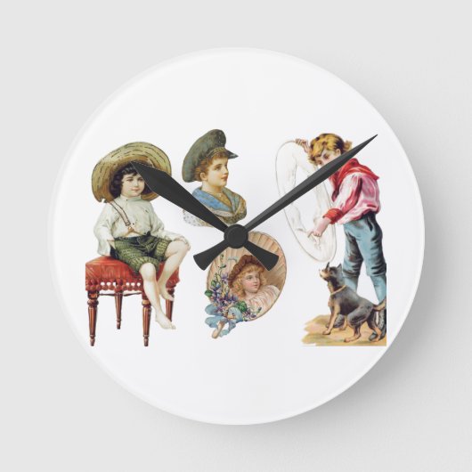 魅力的ビクトリアン子・犬コラージュ ラウンド壁時計 (正面)