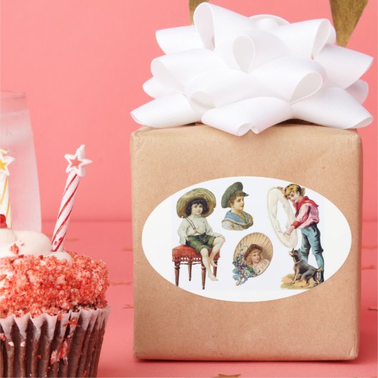 魅力的ビクトリアン子・犬コラージュ 楕円形シール (パーティー)