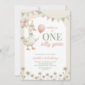 魅力的ピンクワン間抜けグース1歳パーティー 招待状 (正面)