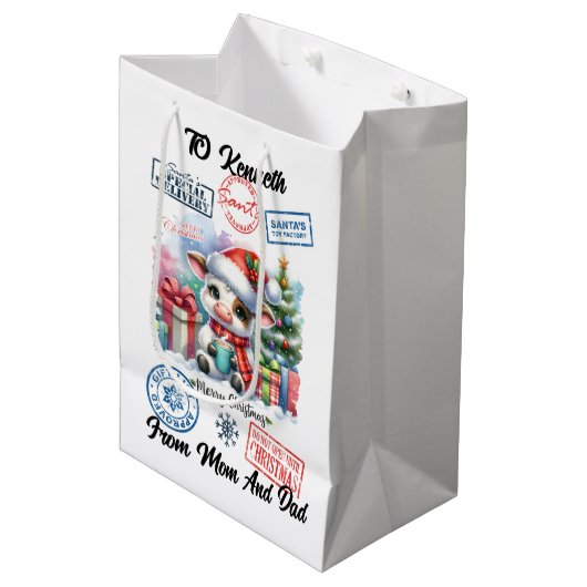 魅力的フェスティバル牛付きサンタ袋 ミディアムペーパーバッグ (正面アングル)