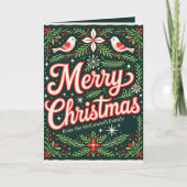 魅力的フォークアートバードとホリーベリークリスマス シーズンカード (正面)