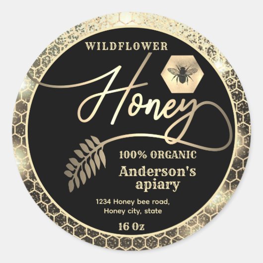 魅力的モダンなスパークル金ゴールドミツバチの台本ハチミツ ラウンドシール (正面)