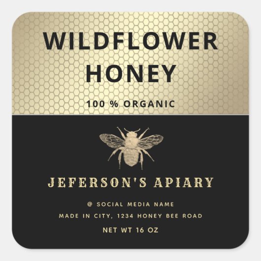 魅力的モダンな黒金ゴールドビーはちみつ瓶 スクエアシール (正面)