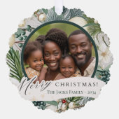 魅力的ヴィンテージエレガントアイボリー&ブルーファミリーフォト オーナメントカード (正面)