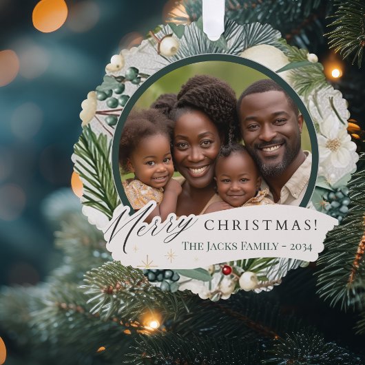 魅力的ヴィンテージエレガントアイボリー&ブルーファミリーフォト オーナメントカード