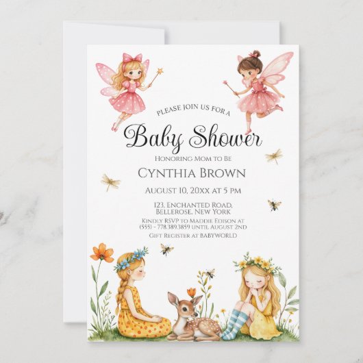 魅力的妖精の森の動物の赤ちゃんシャワー 招待状 (正面)