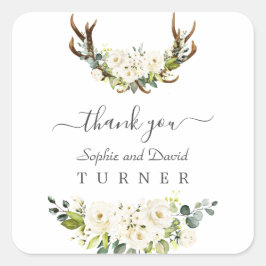 魅力的水彩白い花〔雄ジカの〕枝角結婚ズ スクエアシール