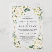 魅力的水彩白フローラ金ゴールド結婚ズ 招待状 (正面/裏面)
