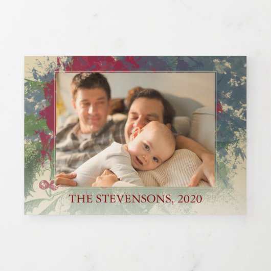 魅力的絵を描 |赤青グリーン3枚の写真 三つ折りクリスマスカード (カバー)