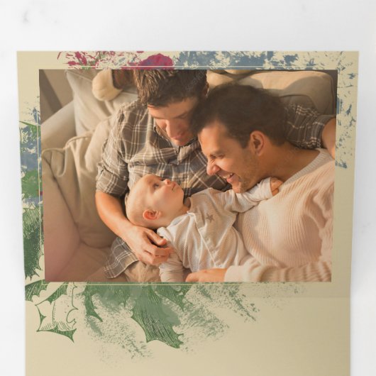 魅力的絵を描 |赤青グリーン3枚の写真 三つ折りクリスマスカード (内部最初)