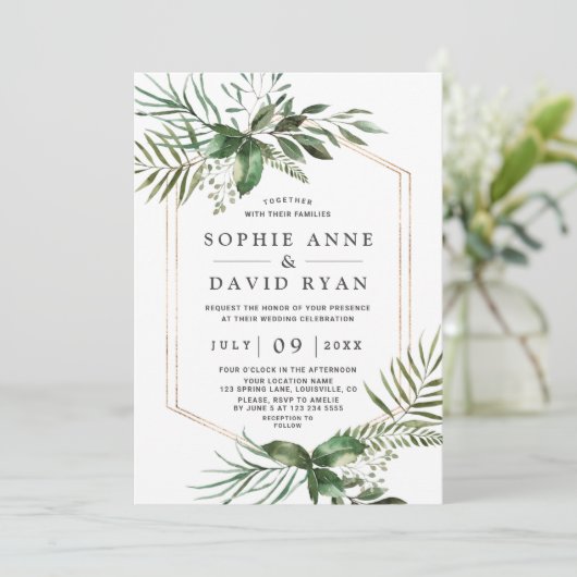 魅力的緑の金ゴールドジオメトリックフレ結婚ーム 招待状 (スタンド正面)