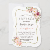 魅力的金ゴールドフレーム赤面ピンクフローラバプテスマ 招待状 (正面)