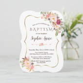 魅力的金ゴールドフレーム赤面ピンクフローラバプテスマ 招待状 (スタンド正面)