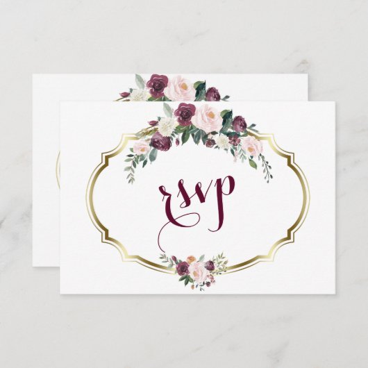魅力的金ゴールドブルゴーニュ赤面フローラウェディングRSVP 出欠カード (正面/裏面)