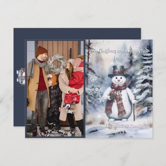 魅力的雪だるま水彩冬の森の写真 シーズンカード (正面/裏面)