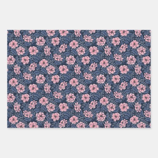 魅力的青ビクトリアンとピンクのフローラ ラッピングペーパーシート (正面3)