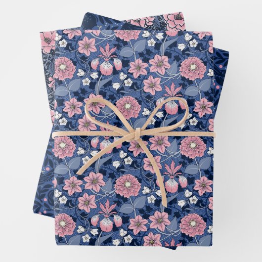 魅力的青ビクトリアンとピンクのフローラ ラッピングペーパーシート (インサイチュ)