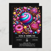 魅力的鮮やかなキャンディランドデジタル誕生日 招待状 (正面/裏面)