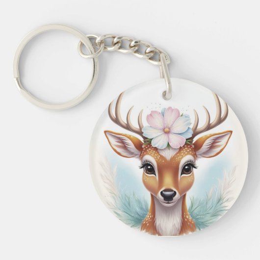 魅力的&自然インスパイア鹿（花あり） キーホルダー (正面)